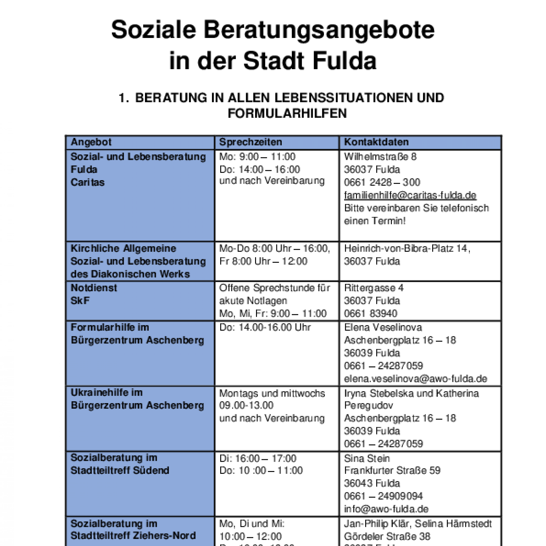 Soziale Beratungsangebote in Fulda
