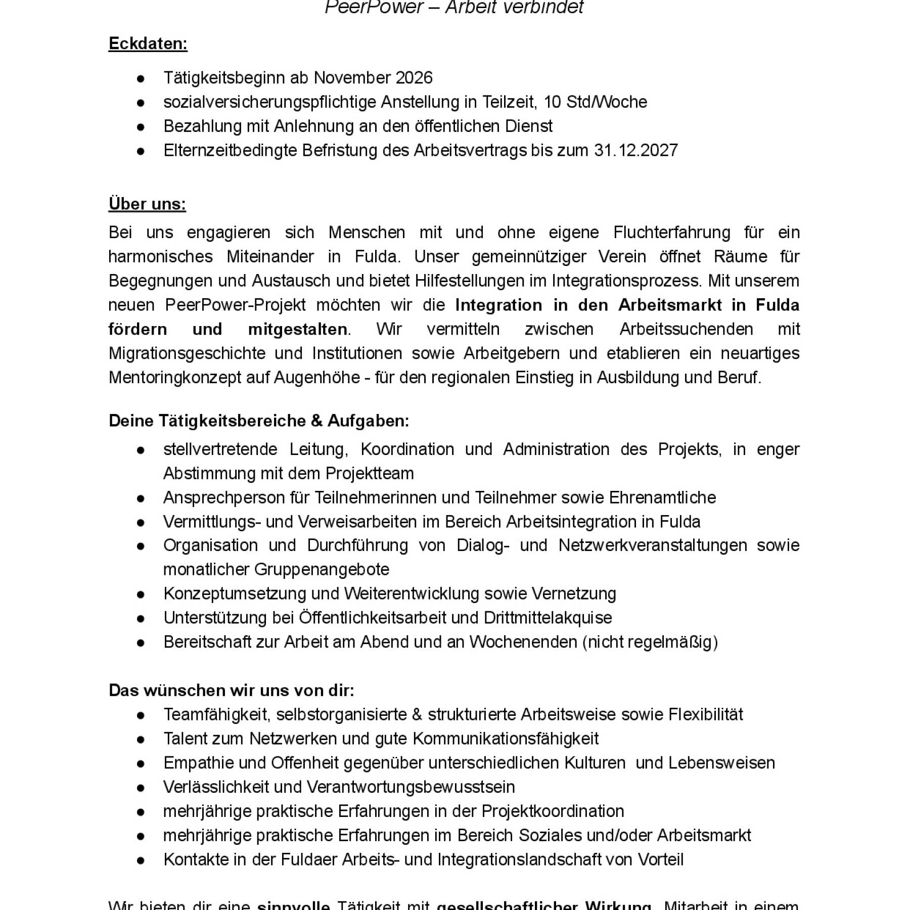 Stellenausschreibung Elternzeitvertretung PeerPower